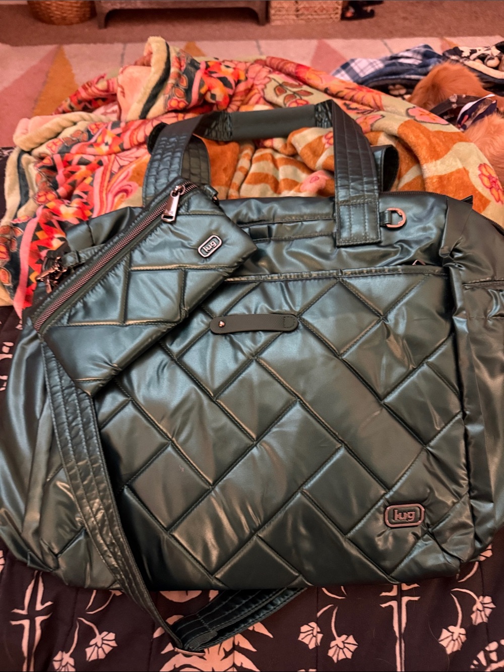 lug Quilted Laptop Tote in Emerald Green with matching Pouch